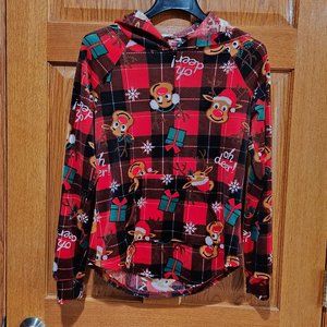 NO BOUNDARIES NOBO Women Juniors M  (7-9) Red Rudolph Christmas Velour Hoodie